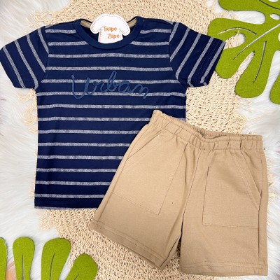 Conj. Camiseta Urban Listrada e Bermuda - Marinho e Marrom